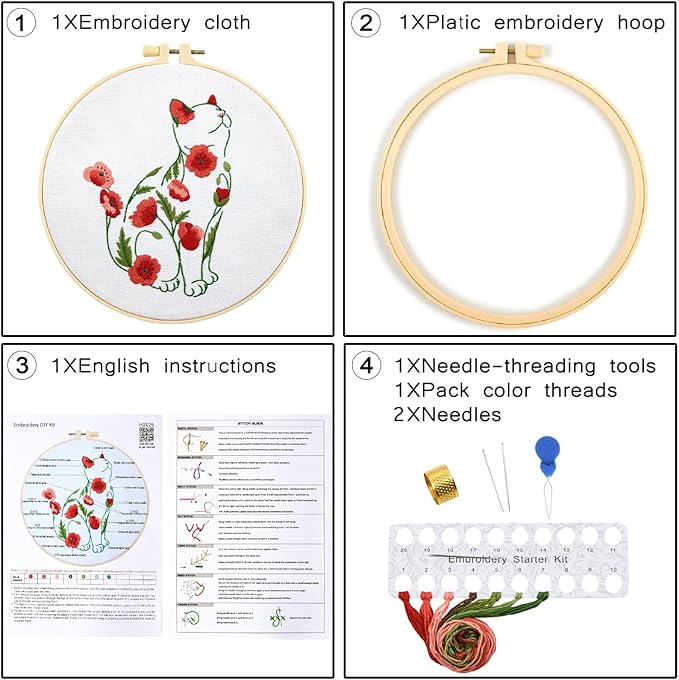 Crafmanoe Cat Embroidery Kits for Beginners Adults, Flowers Embroidery Starter Kits, Counted Cross Stitch Kits for Beginners Adults Hobbies Set for Women, Embroidery Hoops, Thread and Video Tutorial