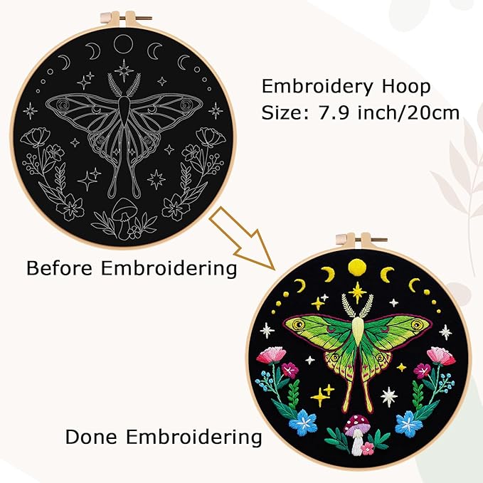 Nuberlic Moth Embroidery Kits for Beginners - Embroidery Starter Cross Stitch Kit DIY Needlepoint Including Cloth with Pattern, Hoop, Needles Instruction and Threads