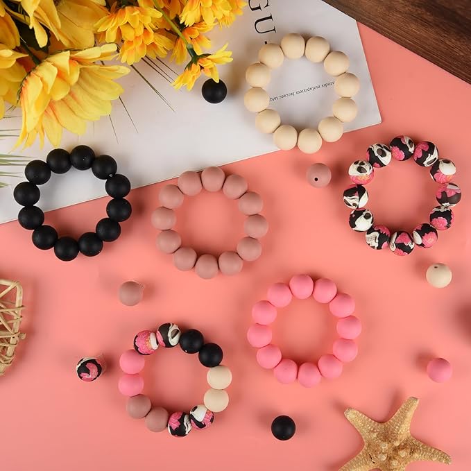 ASTARON 100 Pcs 15mm Silicone Beads for Keychain Making, Off-White Pink Black Round Beads Bulk for Halloween Bracelets Crafts Beadable Pens Decorations Jewelry Making Halloween Party Favors Supplies