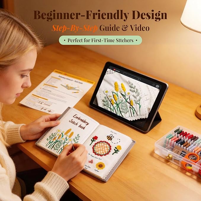 CYANFOUR 2026 New Embroidery Stitch Book Kit for Adults Beginners, Cross Stitch Kit with Step-by-Step Guide and Video, Pre-Printed Patterns, Threads and Needles, Portable Crafts Gift for Adults