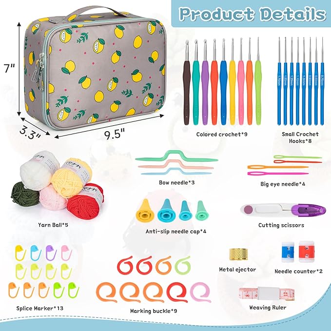 GMAK 59 PCS Crochet Kit for Beginners Adults, Crocheting Sets Include Yarn, Hooks and Tools, Portable Crochet Starter Kit for Making Variety Projects Crocheting Supplies, Grey Lemon