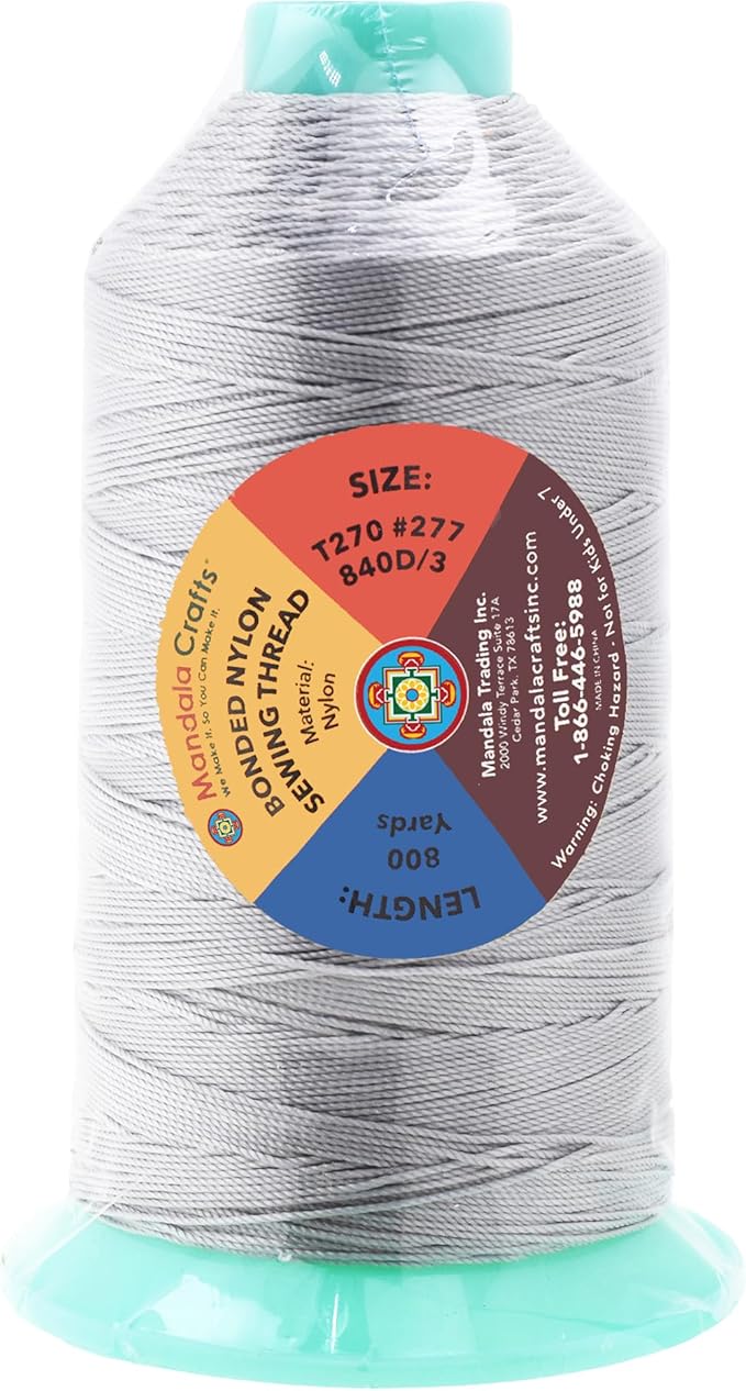 Mandala Crafts Size 277 840D T270 Bonded Nylon Thread - Silver 800 YDs Tex 270 Heavy Duty Sewing Threads for Leather, Jeans, Weaving, Outdoor Marine Upholstery