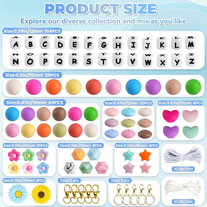 239Pcs Silicone Beads for Keychain Making, 12mm Silicone Letter Beads Bulk, 12mm 15mm Round Rubber Bead Bracelet Kit for Pens, Necklace, Jewelry Making DIY Crafts Gifts (Multicolor)