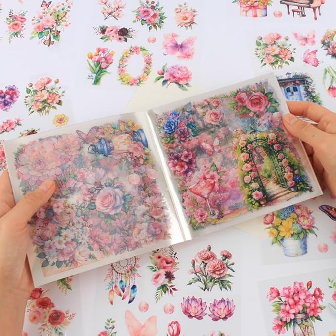 30 Sheets Precut Pink Garden Landscape Stickers Book for Junk Journal Supplies, Transparent PET Stickers for Journaling, Scrapbooking, Bujo, Collage, Card Making