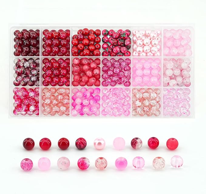 Hanyoung Valentines 8mm Glass Beads for Bracelet,18 Colors 450 pcs Red and Pink Beads for Jewelry Making kit, Crystal Glass Round Beads for DIY Crafts Gifts (Red Color)