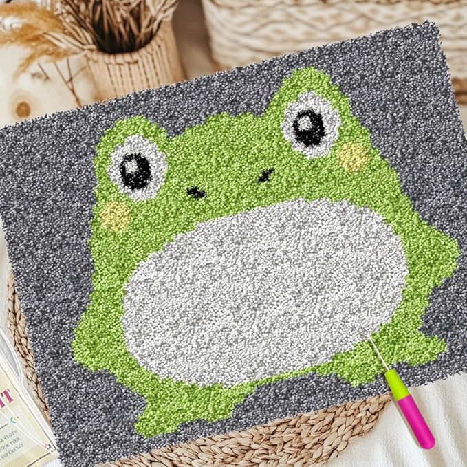 ORIGACH Frog Latch Hook Rug Kit for Adults DIY Needlework Cover Printed Rug Making Kit Handmade Carpet Tapestry with Hook Latch and Preprinted Canvas, Home Arts Crafts Sofa Decor, 20.5x15inch