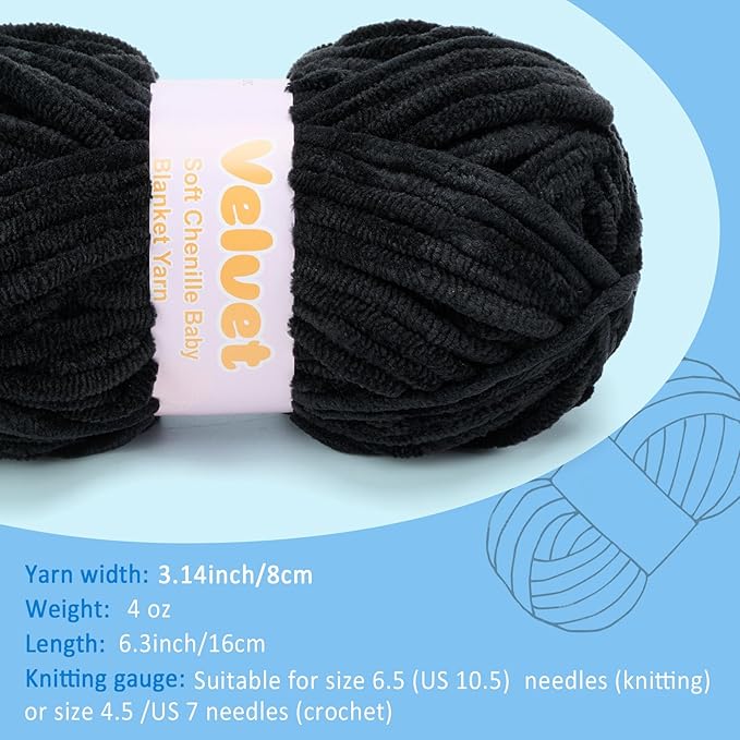 Velvet Yarn Chenille Yarn for Crocheting and Knitting Soft Chenille Bulky Baby Blanket Yarn DIY Weaving Craft 2pack Dark Black(4oz 66yds Each)