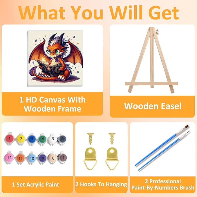 Paint by Numbers Kit for Kids with Frame, Dragon Paint by Numbers for Kids Ages 4-8-12, DIY Dragon Acrylic Oil Painting for Home Wall Art Decor Gift 7.8x7.8 inch (with Frame Easel)