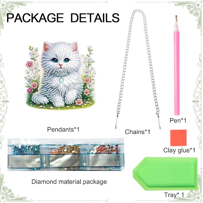 White Cat Diamond Painting Hanging Kit, 5D DIY Acrylic Diamond Art Pendant with Special Shaped Rhinestones, Stained Glass Style Wall, Door or Window Decoration, Handmade Craft Gift for Adults