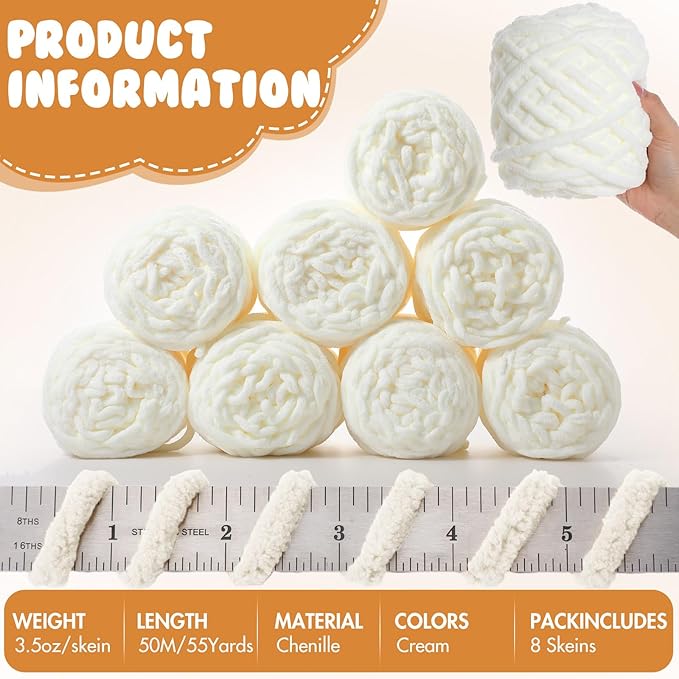 Buryeah 8 Pack Chunky Chenille Yarn for Crocheting Soft Thick Fluffy Yarn for Hand Knitting Bulky Velvet Blanket Plush for Weaving DIY Crafts Each 3.5 oz 55 Yards (Cream)