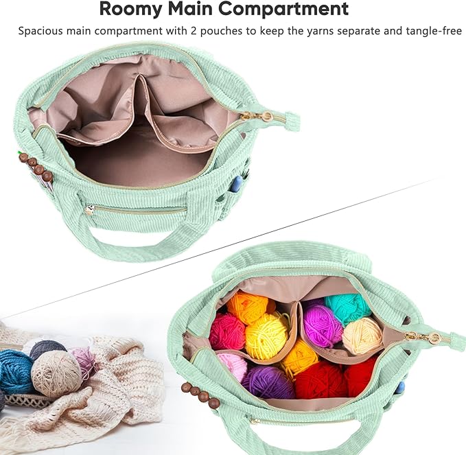 Corduroy Crochet Bag 11.5" Large Yarn Storage Tote with Grommets, Needle Holders – Knitting Bag Organizer for Crochet Hooks, Accessories, Tools & Projects –Gift for Knitters & Crafters