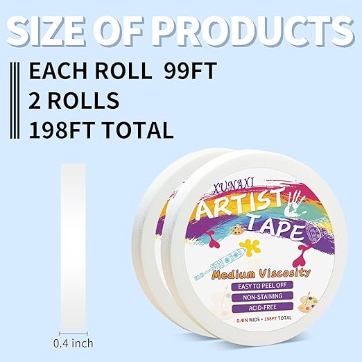 2 Packs Artist Tape Medium Tack White Art Tape for Watercolor Paper Drafting Art Painting Canvas Framing Acid Free Masking Tape- 0.4IN Wide 197FT Long Total