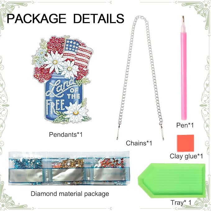 AiYuanzsh Diamond Art Painting Hanging Kit Independence Day Vase, 5D Acrylic Crystal Rhinestones Diamond Art Pendant with Flower and Flag Diamond Art Ornament for Door Wall Window Home Decor