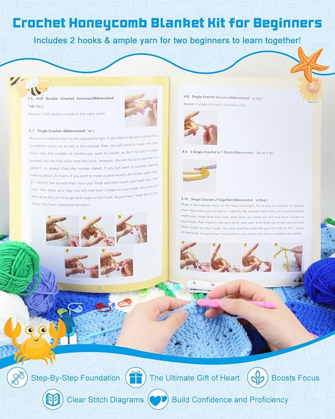 Arborthread Crochet Kit for Beginners, Granny Squares Blanket Knitting Kit w/Step-by-Step Video & Printed Guides for Adults, Kid-Friendly Patterns