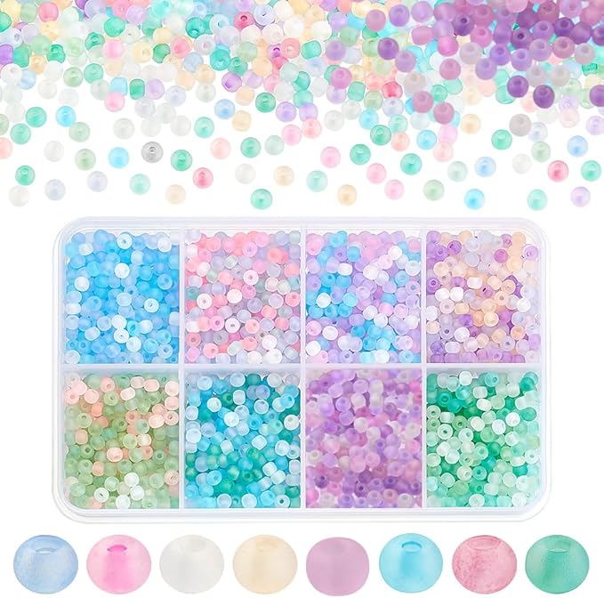 PH PandaHall 2104pcs 8 Candy Colors Seed Beads 3mm Frosted Glass Transparent Round Bead Mini Spacer Beads Kit Waist Bead for Earring Bracelet Necklace Key Chain Crafts Jewelry Making