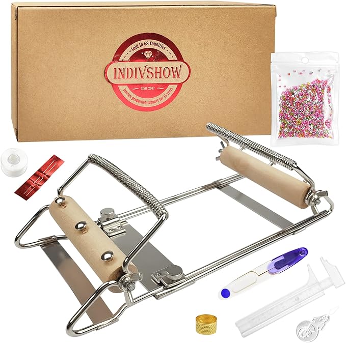 INDIVSHOW Adjustable Bead Loom,Seed Bead Loom Kit Includes Thread,Beading Needles, 8000 Grains Czech Beads,Calipers, Thimble,Yarn Scissors for Adults Kit,Bracelet Making Kit