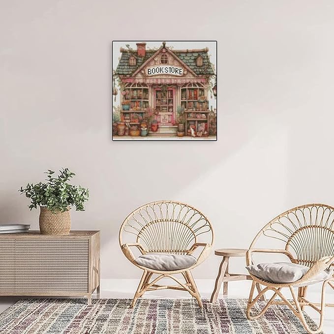 MYBISYMQQ Book Store Cross Stitch Kits for Adults,11CT Stamped Cross Stitch Kits for Beginner,DIY Needlepoint Embroidery Patterns Kits Embroidery Patterns for Home Wall Decor 13.7x13.7 inches