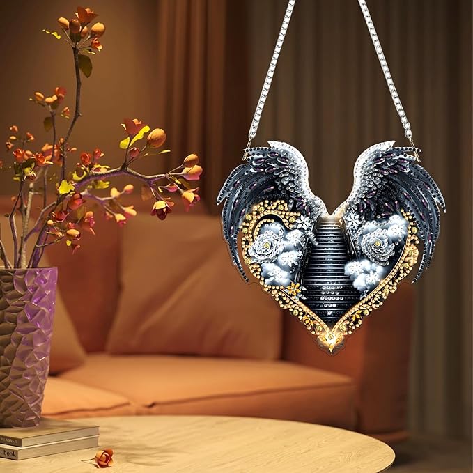 Lxmsja DIY Angel Wings Diamond Painting Hanging Ornament, Double-Sided Acrylic Stairway to Heaven Diamond Art Kit, Special Shaped Suncatcher Hanging Pendant Window Art Kit 7x8 inch