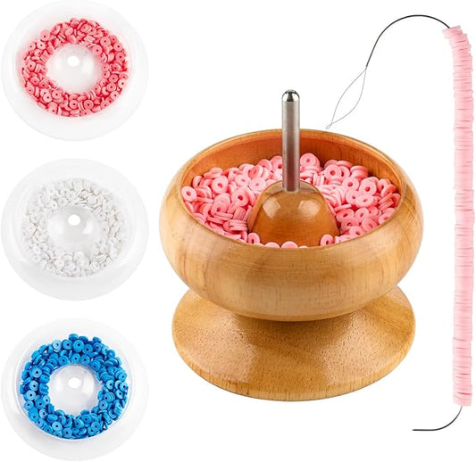 INDIVSHOW Clay Bead Spinner,Seed Beads Kit with 3 Pcs Quick Changed Trays,Beading Needles for Jewelry Making (Wooden)
