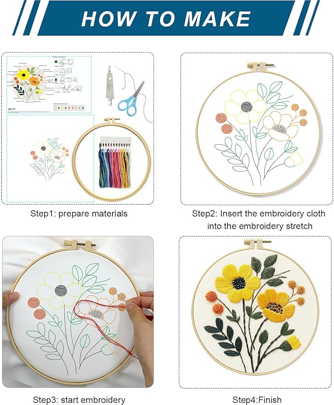 Zhenqing 3-Pack Floral Embroidery Kit for Beginners with Printed Patterns - Complete Embroidery Set with Hoop, Threads, Cotton Fabric & Tools for Home Decor (C0153)
