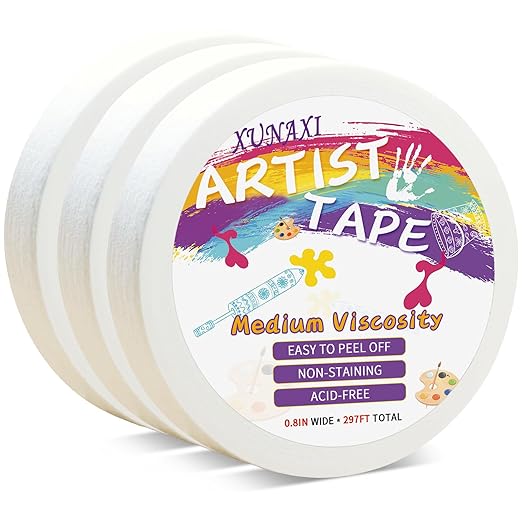 3 Packs Artist Tape Medium Tack White Art Tape for Watercolor Paper Drafting Art Painting Canvas Framing Acid Free Masking Tape- 0.8IN Wide 297FT Long Total