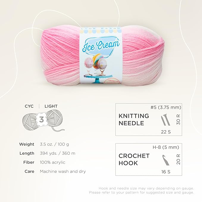 Lion Brand Yarn, Ice Cream Baby Yarn for Knitting, Crochet, and Crafts, Strawberry, 3 Pack, DK Weight Colorful Acrylic Fiber for Baby Blankets, Hats, and Sweaters