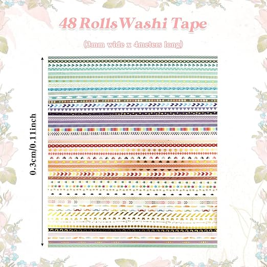 Washi Tape Set 48 Rolls Thin Washi Tape Self-Adhesive Gold Foil Patterns Tape Cute Scrapbook Paper Tape Decorative Tape for Scrapbook Journal DIY Craft Scrapbooking Journal Supplies Gift Wrapping