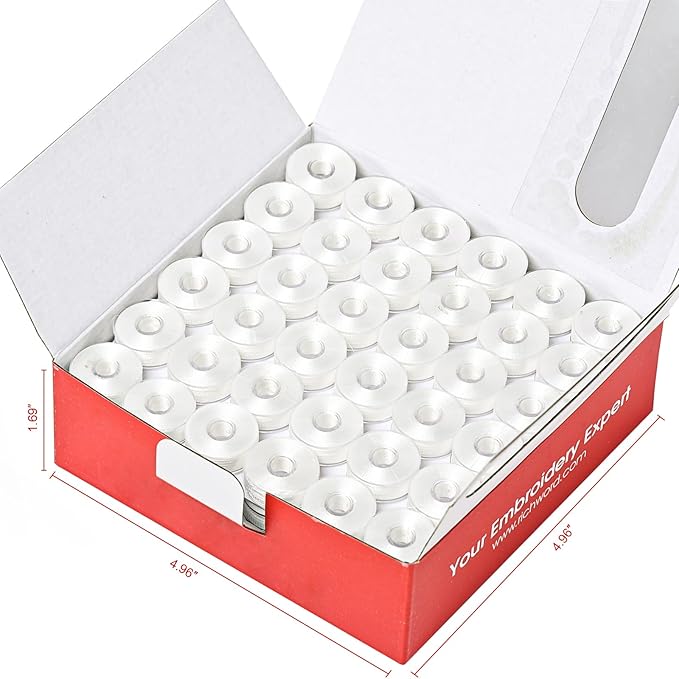 Poolin Prewound Bobbins, Richword Selected Plastic Sided, 144pcs Size L(SA155), 75D/2(60WT) Polyester Bobbin Thread for Commercial Multi Needles Embroidery Machine, White 110 Yards