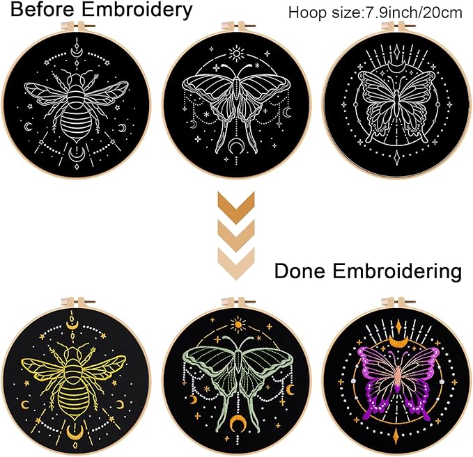 louise maelys 3 sets tarot embroidery kits for beginners,cross stitch kit for adults,crewel starters needlepoint with moon, butterfly, bee and moth pattern and tool