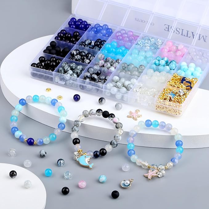 DUQGUHO 8mm Black Blue and White Beads for Bracelets Summer Beach Glass Beads for Jewelry Making 24 Grids Round Beads Bulk 520PCS