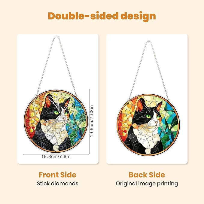 MXJSUA Diamond Art Hanging Kits for Adults Beginners, Stained Glass Cat DIY Acrylic Special Shaped Crystal Diamond Gem Art Pendant Drills Painting Ornament for Home Wall Decor and Gift