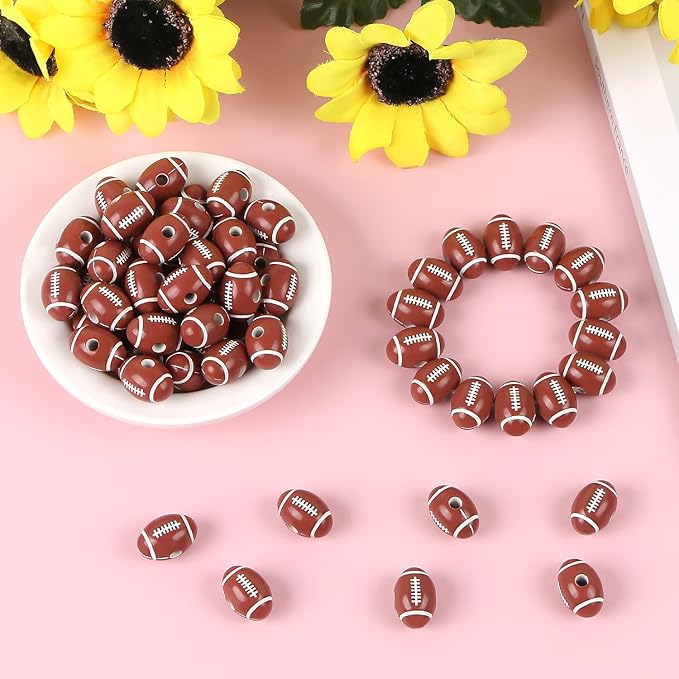 100pcs 18mm Football Beads with 5.5 Yard Elastic Rope,Acrylic Sports Beads DIY Spacer for Necklace Bracelet Keychains Handmade Jewelry Making Accessories Craft Supplies(Rugby)