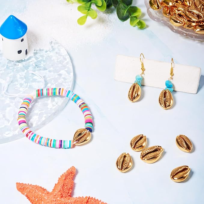Cheriswelry 50pcs Light Gold Electroplated Shell Beads Cowrie Shells Spiral Sea Shell Summer Beach Loose Spacer Beads for Bracelet Craft Jewelry Making Fish Tanks Home Decoration 15~20mm