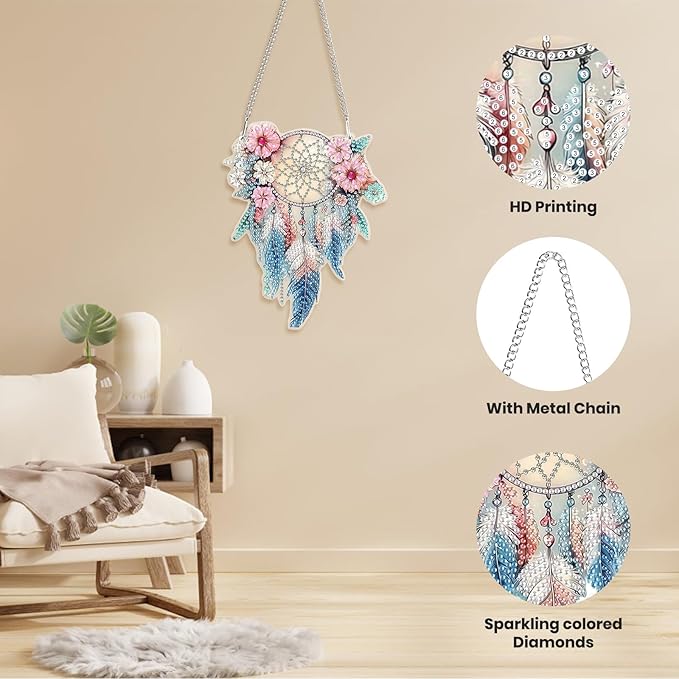 Hanging Diamond Art Kits for Adults Beginners, Dreamcatcher Diamond Painting Pendant Kit, DIY Acrylic 5D Special Shaped Crystal Diamond Gem Art Painting Hanging Ornament for Home Wall Decor and Gift