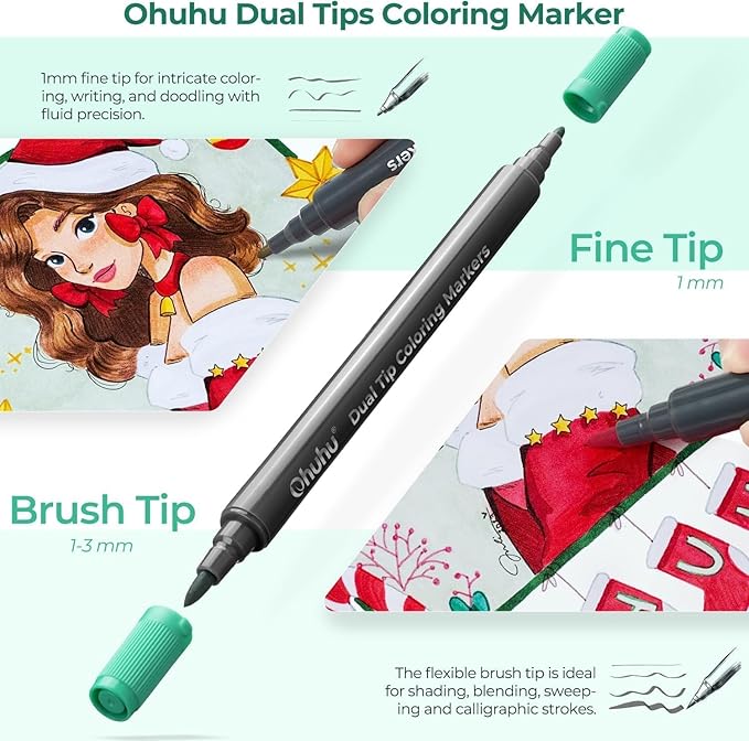 Ohuhu Markers Brush Tip 48-colors with 36-sheet Coloring Book - Double Tipped Markers for Adults Coloring Books - Art Marker Set Bundles with 100% Bleed-proof Pages - Fine & Brush Dual Tips