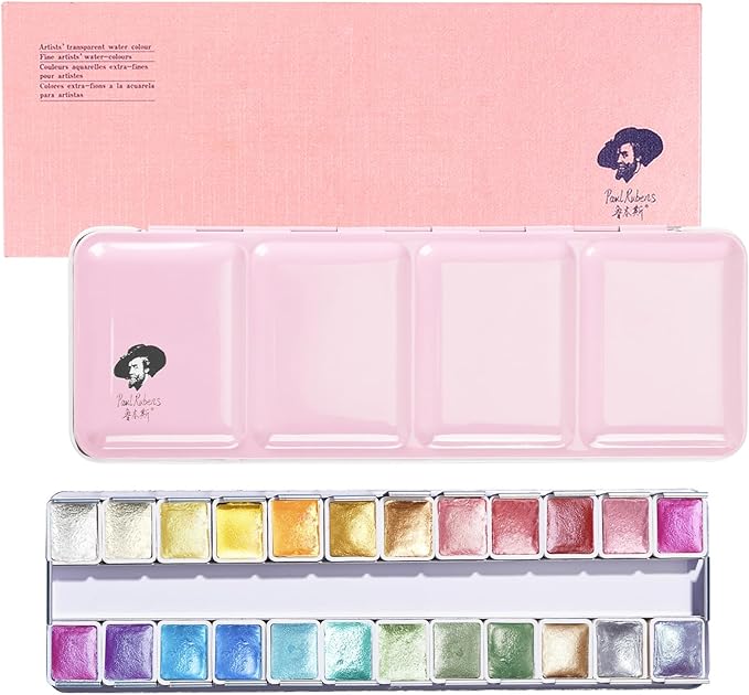 Paul Rubens Artist Watercolor Paints-Metallic Glitter Solid Colors-Pink Portable Metal Case with Palette-24 Color Set Sparkle Watercolor