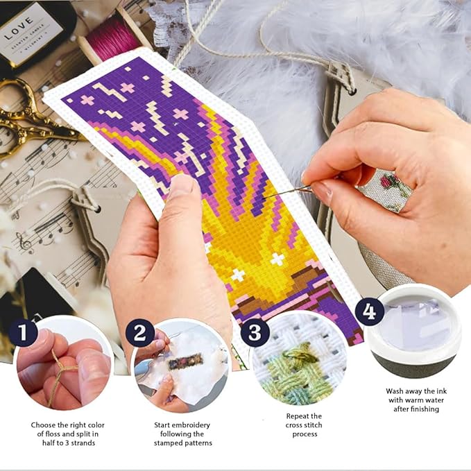 INFUNLY 6 Set Fairytale Elements Cross Stitch Bookmark Kits 8"x2.4" DIY Mermaids Embroidery Bookmark Kits for Beginners with Instruction Cartoon Castle Bookmark Making Kit for Book Lovers Reader Gift