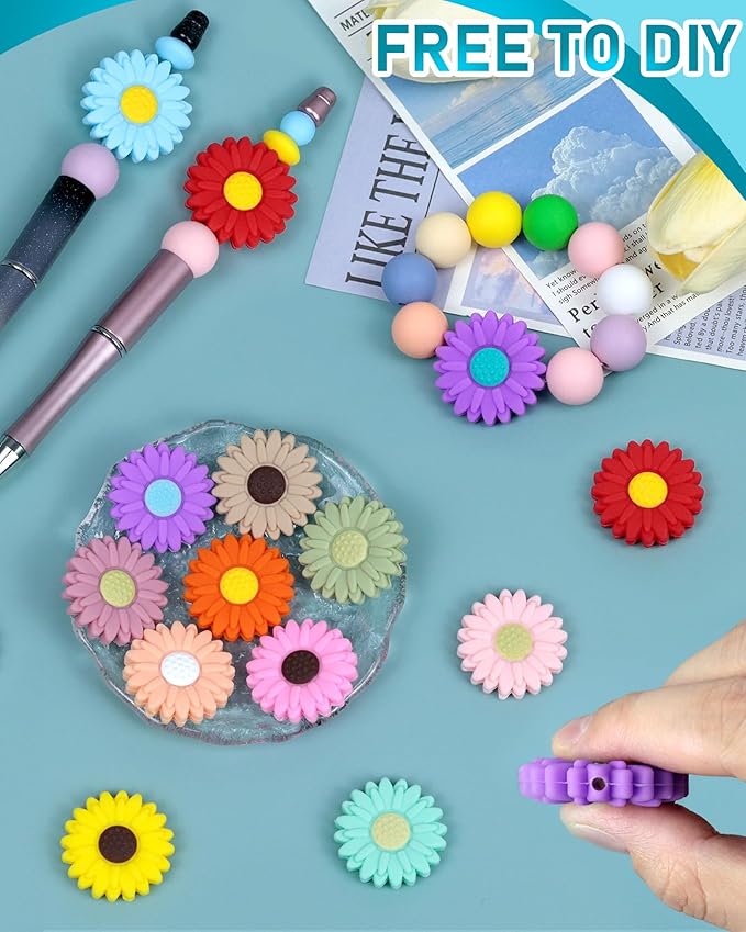 30PCS FIVEIZERO Focal Beads – Sunflowers Beads,Sunflowers Focal Bead Bulk, Flower Shape Silicone Loose Beads for Pens, Necklaces，Bracelets and Keychain Making