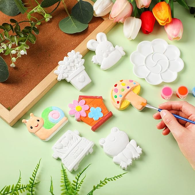 WinnerWhy 24 Set DIY Spring Garden Ceramic Crafts Kit Paint Your Own Figurines Ready to Paint Bisque Figurines Crafts Arts with 24 Magnets 4 Brushes and 2 Palette Ceramic Painting Kit for Adults