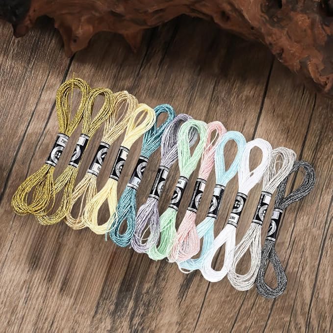 12 Skeins 6 Strands Metallic Hand Embroidery Floss Glitter Friendship Bracelet String Colorful Sparkly Polyester Cross Stitch Thread Bulk Set for Sewing Crafts Jewelry Bracelets Making DIY