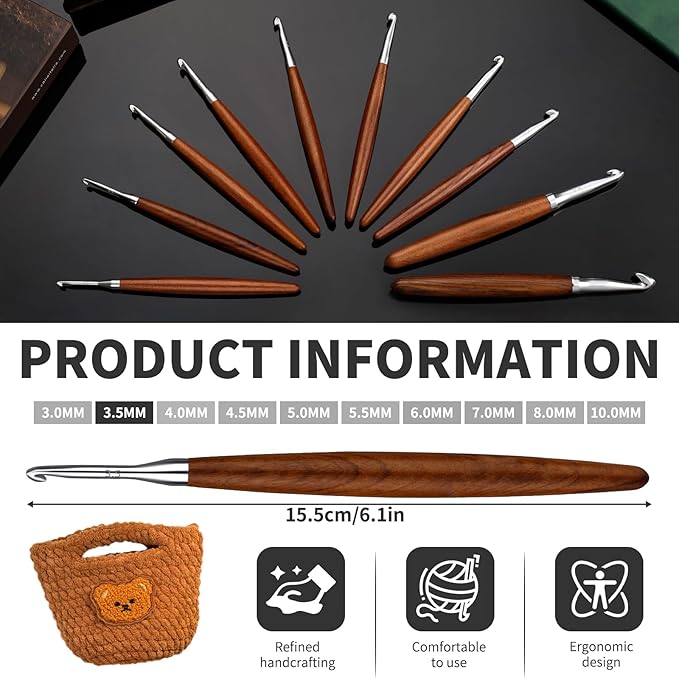 Lunarm 3.5mm Crochet Hook, Ergonomic Aluminum Crochet Hook with Wood Handle Available in 3mm-10mm for Arthritic Hands DIY Craft Knitting Dolls, Bouquets, Blankets, Hats, Gloves from Various Yarns