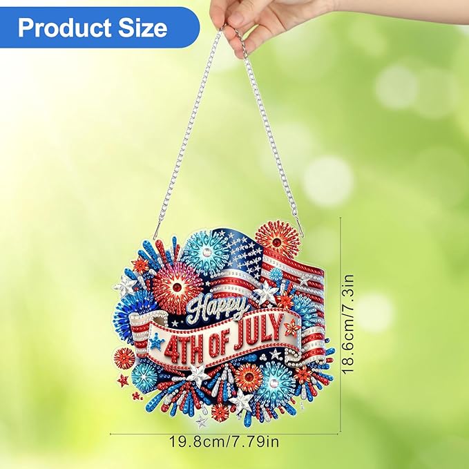 CEOVR Independence Day Hanging Diamond Art for Adults, 4th of July American Flag Diamond Painting Pendant DIY Gem Art Wall Hanging Ornament, Acrylic Home Garden Decor with Chain, Box Kit 7.79×7.3inch