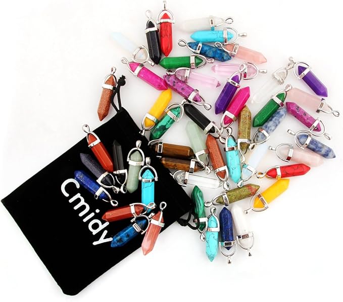 Crystal Pendants Mutilcolor 50pcs Gemstone Bullet Meditation Healing Pointed Quartz Chakra Crystal Stone Reiki Pendants for Necklace Jewelry Making