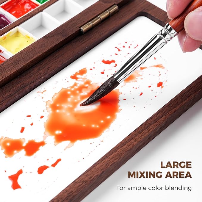 Fuumuui Watercolor Palette Box, Walnut Wood Palette Kit with Cover, 24 Empty Removable Half-pan Grids, Dual Tip Travel Brushes, for Watercolor Gouache Color Mixing, Pure White Palette