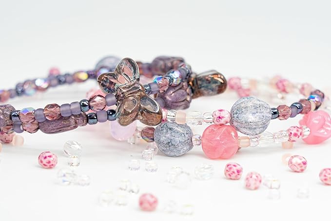 Bracelet Making kit with Czech Glass Beads & TOHO Japanese Rocailles, 2pc Memory Wire and crimps for begginers - Easy & Fast to do (Butterflies Purple Pink)