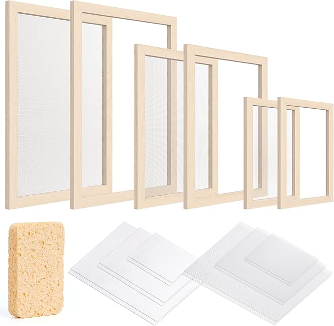 Caydo 3 Pieces Paper Making Frame Kit, Papermaking Mould and Deckle with Mesh, Absorbent Paper and Sponge for Kids Adults Supplies A4 A5 A6 (5 x 7 Inches, 7.5 x 9.8 Inches, 9.8 x 13 Inches)