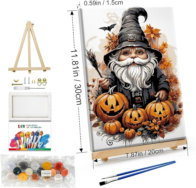 JOOZ Paint by Numbers Kit for Adults with Frame Gnome Paint by Number with Easel Halloween Adult Paint by Number Kits Framed Canvas DIY Oil Painting Kits for Ideal Gift Home Wall Decor 8x12 Inch