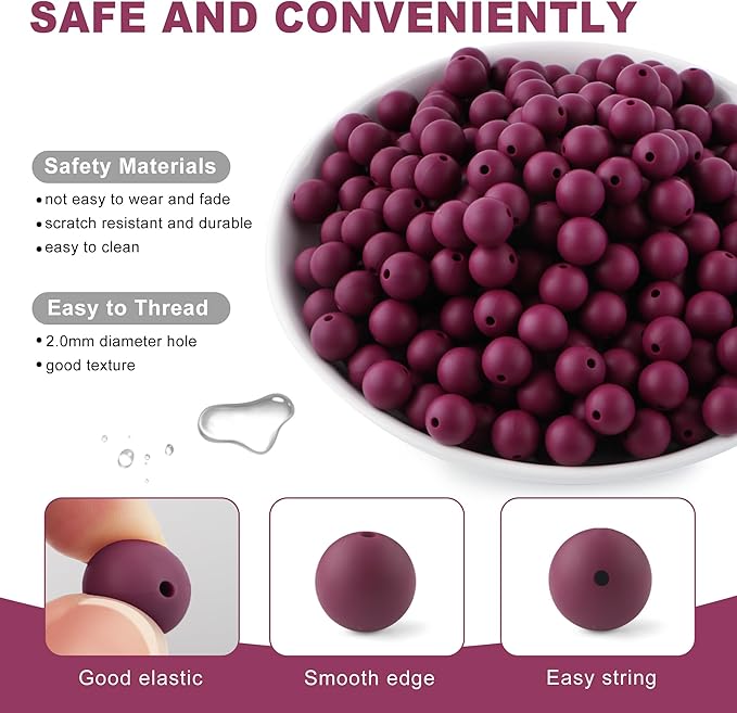 160Pcs 12mm Silicone Beads for Keychain Making Bracelet Necklace, Bulk Round Silicone Beads for Pens（Wine Red）