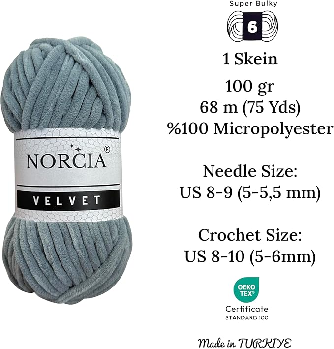 Soft Velvet Yarn Chenille Yarn for Crocheting Super Bulky 100g (74.3 yds) Baby Blanket Yarn for Knitting Amigurumi Yarn for Crochet Weaving Craft (Grey, 1 Skein)