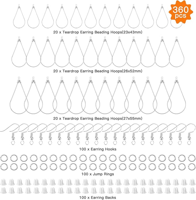 360pcs jewelry making earrings supplies beading hoop earring finding,earring hooks,jump rings,earrings backs for diy craft jewelry making(white k,teardrop)